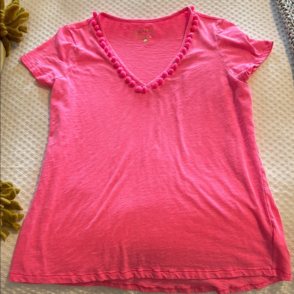 Pink V-Neck Pom-Pom Trim Top - Lilly P